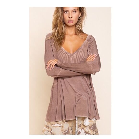 LONG Sleeve Top with Ribbed Detail Light Wash - Picture 12 of 14